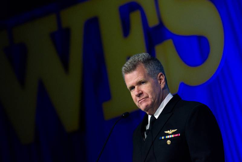 U.S. Navy Adm. Samuel Paparo, commander of the Pacific Fleet, pauses during his Feb. 14 speech at the West 2024 conference in San Diego.