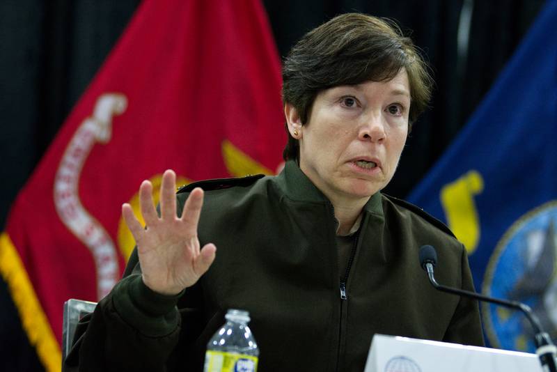 Lt. Gen. Maria Barrett, leader of U.S. Army Cyber Command, gestures as she answers a question May 2, 2023, at the AFCEA TechNet Cyber conference in Baltimore, Maryland. (Colin Demarest/C4ISRNET)
