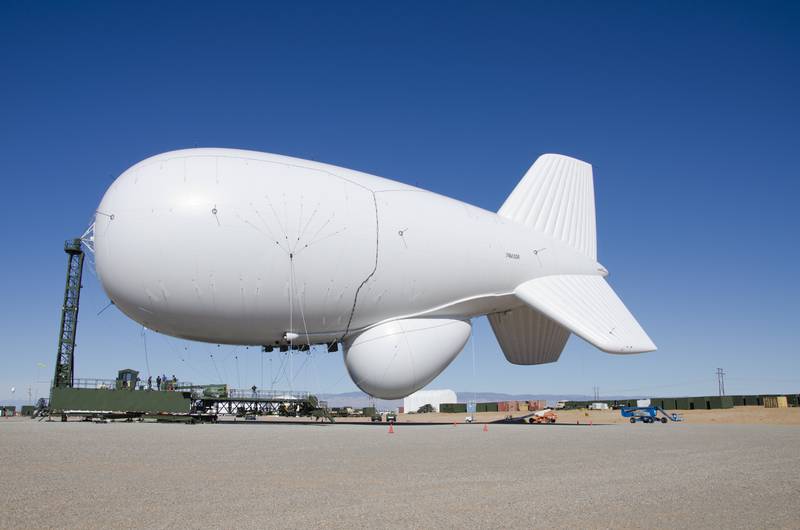 A Joint Land Attack Cruise Missile Defense Elevated Netted Sensor System aerostat, or JLENS, is seen at the White Sands Missile Range in New Mexico.