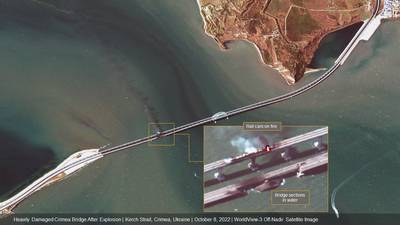 Satellite image shows Crimea Bridge is heavily damaged after an explosion in Crimea, Ukraine, on Oct. 8, 2022.
