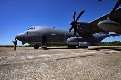 An MC-130J Commando II sits on the flightline, June 24, 2022, at Columbus Air Force Base, Miss. The MC-130J is replacing the aging special operations fleet of 57 MC-130E, MC-130H and MC-130P aircraft. The Air Force edited portions of this image for security reasons. (Staff Sgt. Jake Jacobsen/Air Force)