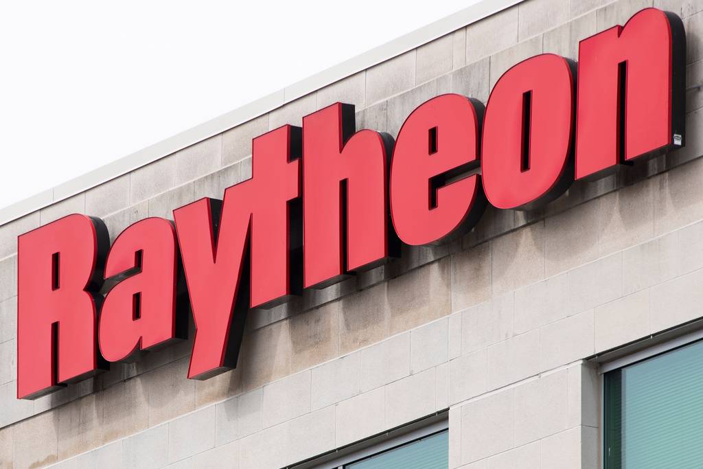 The Raytheon logo is seen on a building in Annapolis Junction, Maryland, on March 11, 2019.