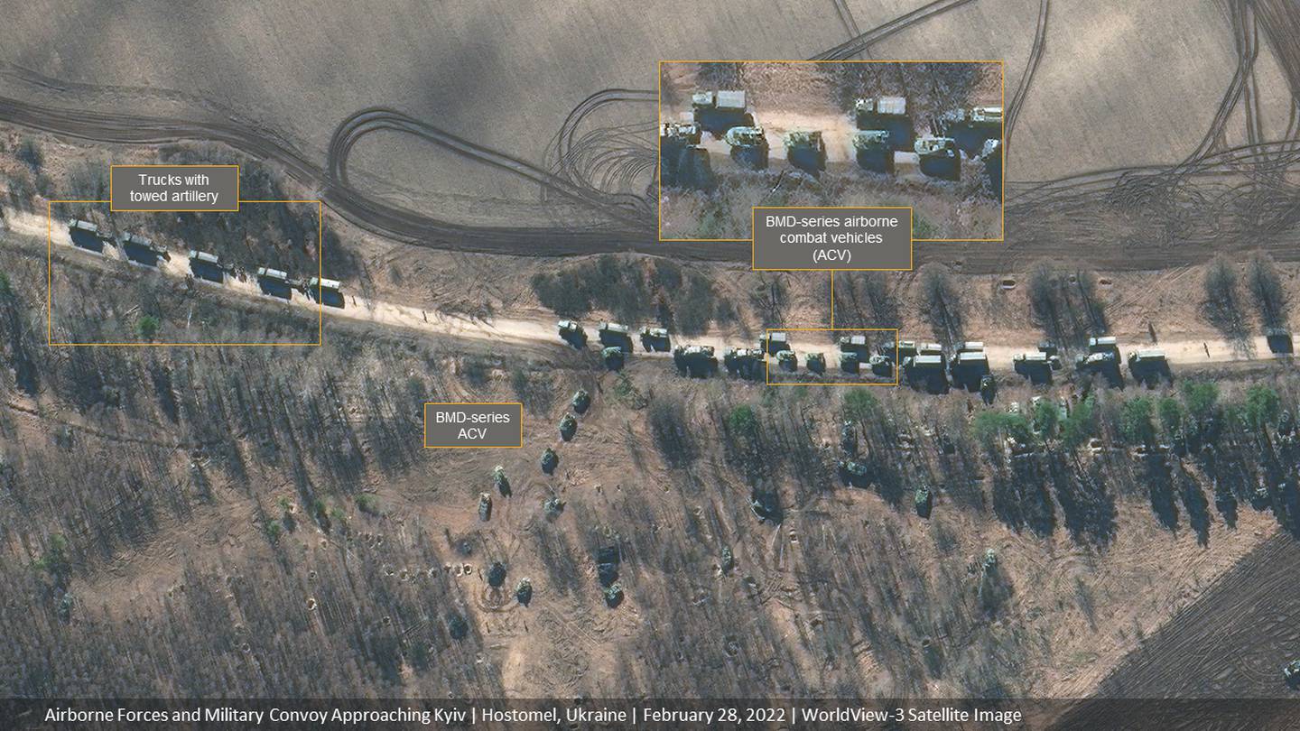 Satellite image shows a portion of a Russian military convoy that spanned roughly 40 miles in Hostomel, Ukraine, on Feb. 28, 2022.