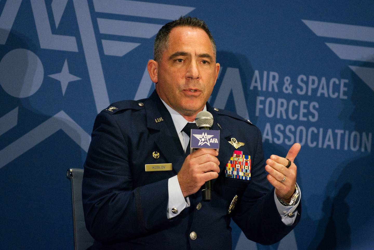 U.S. Air Force Col. Josh Koslov, the commander of the 350th Spectrum Warfare Wing, speaks Sept. 13, 2023, at the Air, Space and Cyber conference in Maryland.