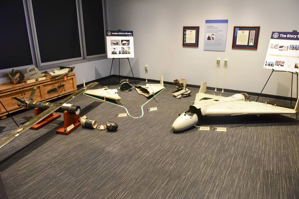 Remnants of Iranian-made drones recovered from Iraq and Ukraine are seen here at the Defense Intelligence Agency headquarters Aug. 23, 2023.