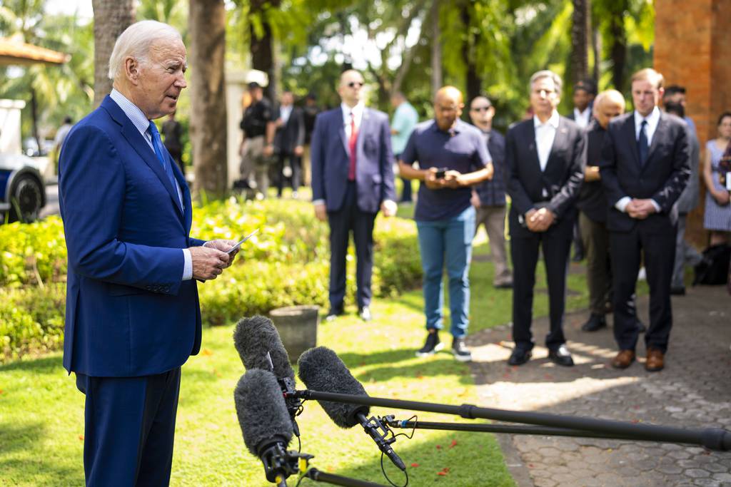 President Joe Biden talks talks to reporters after a meeting of G7 and NATO leaders in Bali, Indonesia, Wednesday, Nov. 16, 2022.
