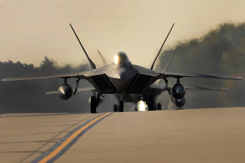 F-22 Raptors assigned to the 1st Fighter Wing arrive at Royal Air Force Lakenheath, in England, Oct. 5, 2018.