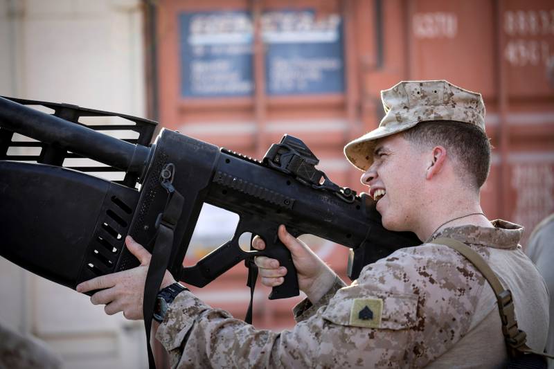 A U.S. Marine uses a Battelle Drone Defender V2 during counter-unmanned aircraft systems training in Iraq in October 2020.