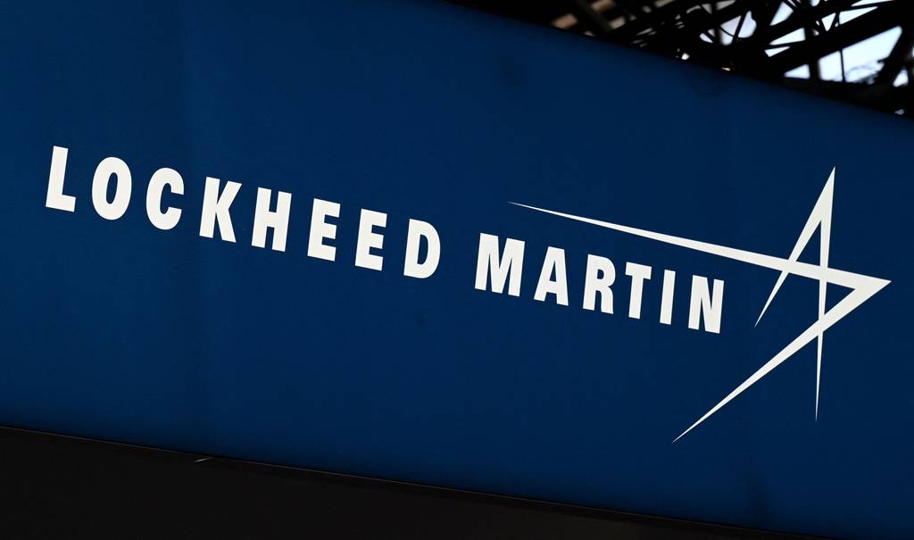 This photograph, taken June 13, 2022, shows the Lockheed Martin logo on display at the Eurosatory conference in France.