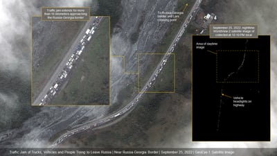 Satellite image shows a traffic jam near Russia’s border with Georgia on Sept. 25, 2022, as people try to leave the country after Russian President Vladimir Putin announced a mobilization of troops.