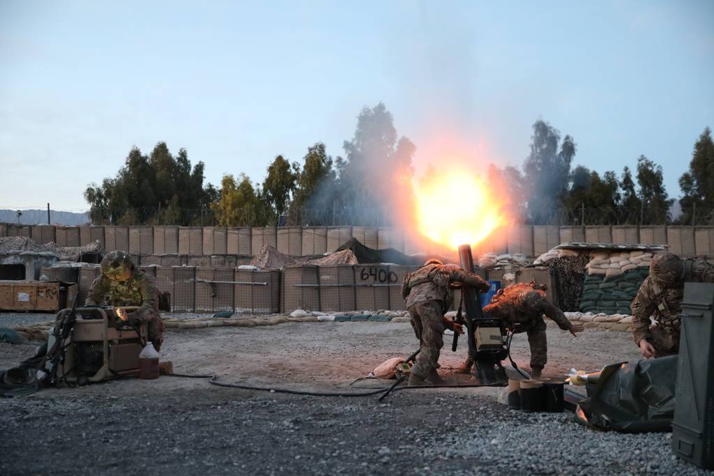 Soldiers fire mortars in support of operations in Laghman Province, Afghanistan, in March 2019.