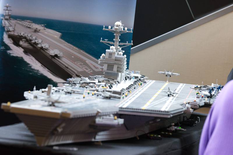 A Lego model of the USS John F. Kennedy is displayed at the 2024 Sea-Air-Space defense conference in National Harbor, Maryland.