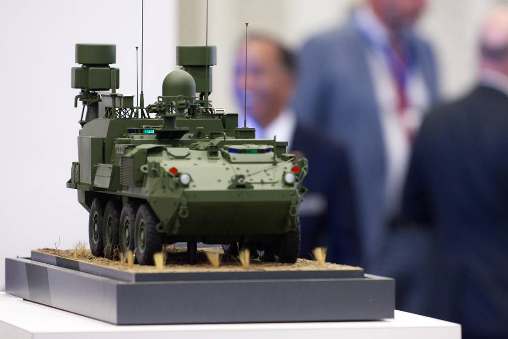 A Lockheed Martin model of the Terrestrial Layer System-Brigade Combat Team is seen at the company's booth Oct. 9, 2023, at the Association of the U.S. Army conference in Washington, D.C