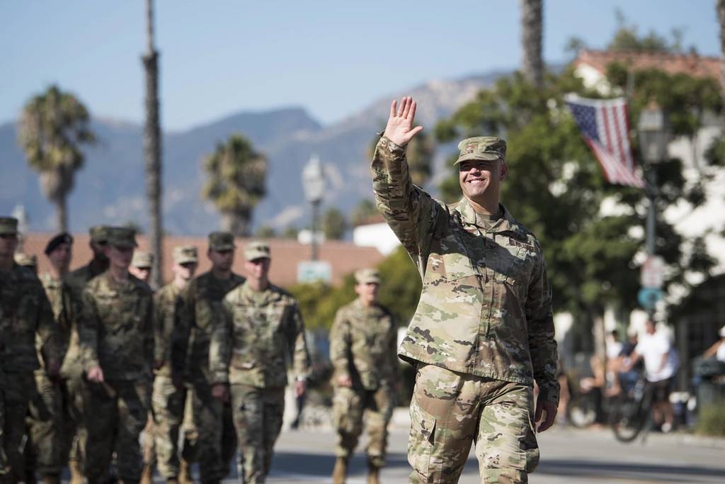 Then-Col. Anthony Mastalir, 30th Space Wing commander, waves during the Santa Barbara Veterans Day Parade Nov. 9, 2019, in Santa Barbara, Calif. Mastalir is now a brigadier general in charge of U.S. Space Forces Indo-Pacific, the service's first component command. (Airman 1st Class Hanah Abercrombie/Air Force)