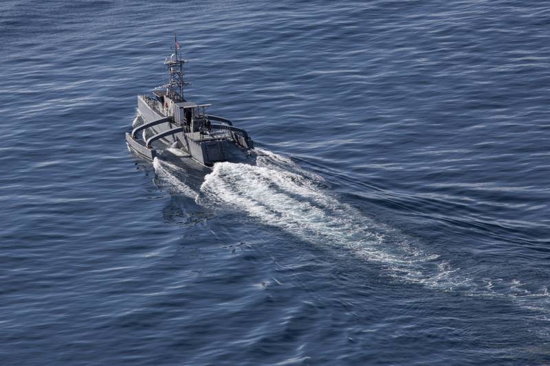 A Seahawk medium displacement unmanned surface vessel steams through the Pacific Ocean during the U.S. Pacific Fleet's Integrated Battle Problem 23.1