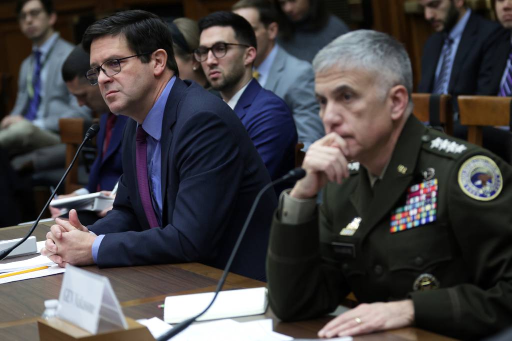 Principal Cyber Advisor to the Defense Secretary and Assistant Secretary of Defense for Space Policy John Plumb, left, and Commander of U.S. Cyber Command Army Gen. Paul Nakasone testify during a hearing before the Cyber, Information Technology, and Innovation Subcommittee of the House Armed Services Committee March 30, 2023.