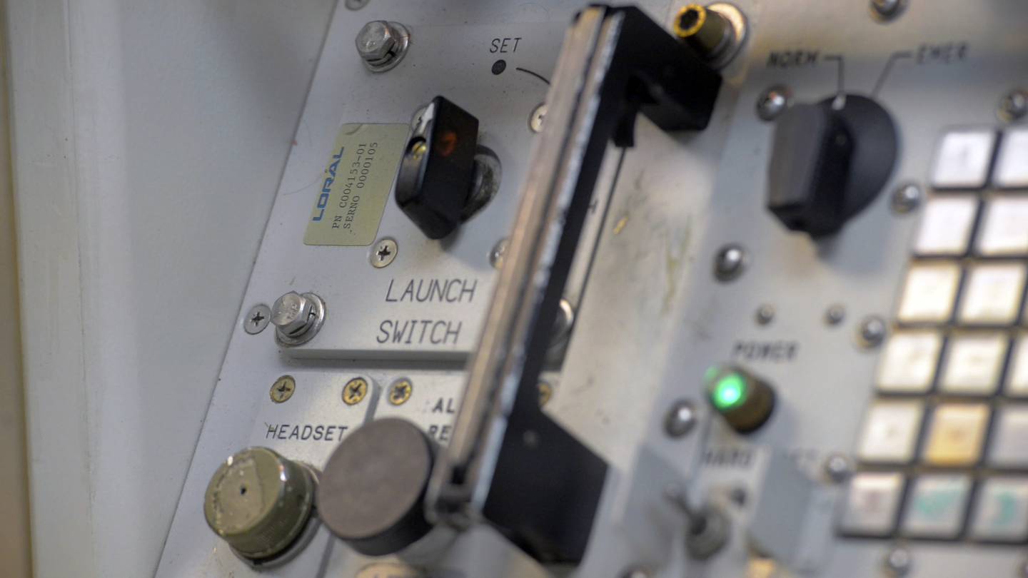 In this Oct. 19, 2018, photo provided by the U.S. Air Force, one of the multiple launch switches sits in the upper-left portion of a panel at a missile alert facility launch control center operated by the 320th Missile Squadron at F.E. Warren Air Force Base, Wyo.