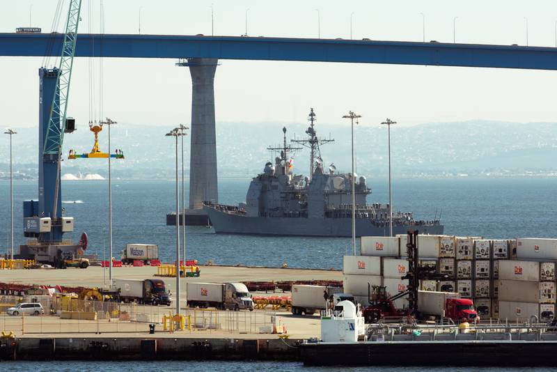 The USS Chosin slips through the San Diego Bay, near the bridge to Coronado, on Feb. 15, 2024, following a modernization period.