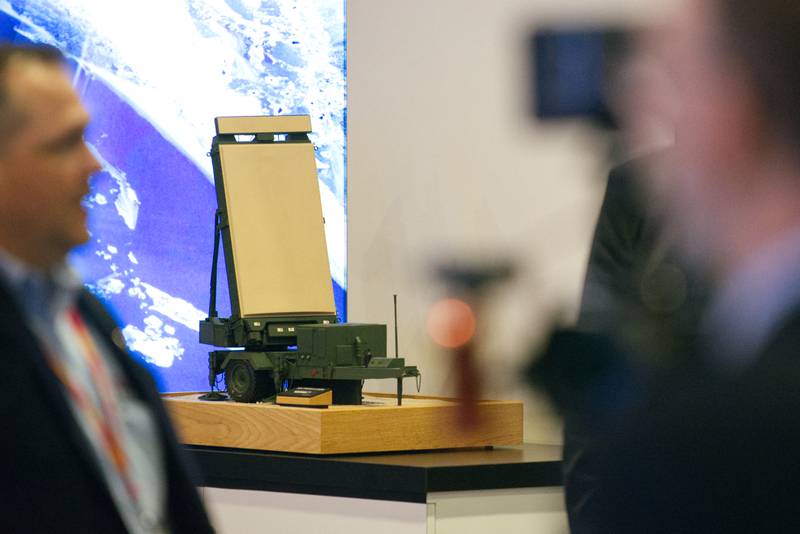 A model of Northrop Grumman's Ground/Air Task-Oriented Radar, or G/ATOR, is perched at the company's booth at the 2024 Sea-Air-Space defense conference in National Harbor, Maryland.