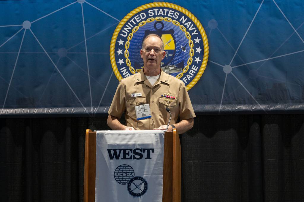 U.S. Navy Rear Adm. Doug Small hosts a question-and-answer session during the WEST conference at the San Diego Convention Center in February 2022.