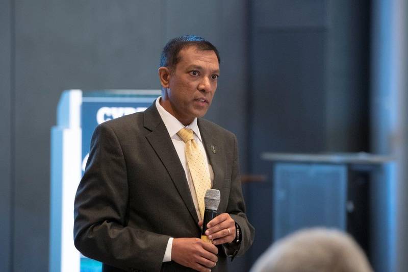 U.S Army Chief Information Officer Raj Iyer speaks to the audience at the Cyber Security Summit in July 2022.