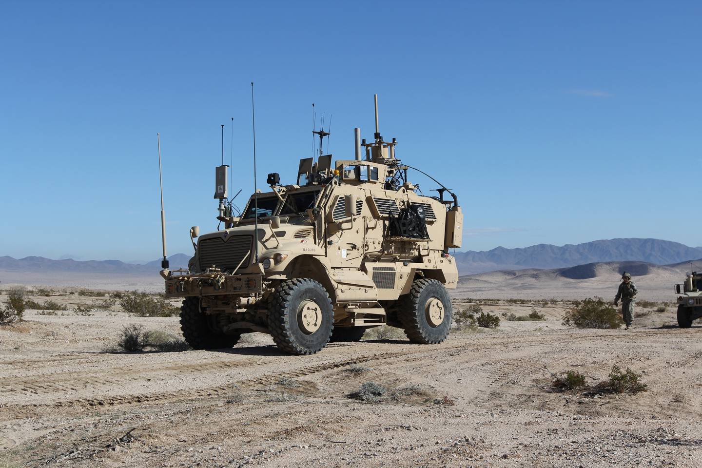 An Electronic Warfare Tactical Vehicle supports training for the 3rd Brigade Combat Team, 1st Cavalry Division, at the National Training Center in January 2019.