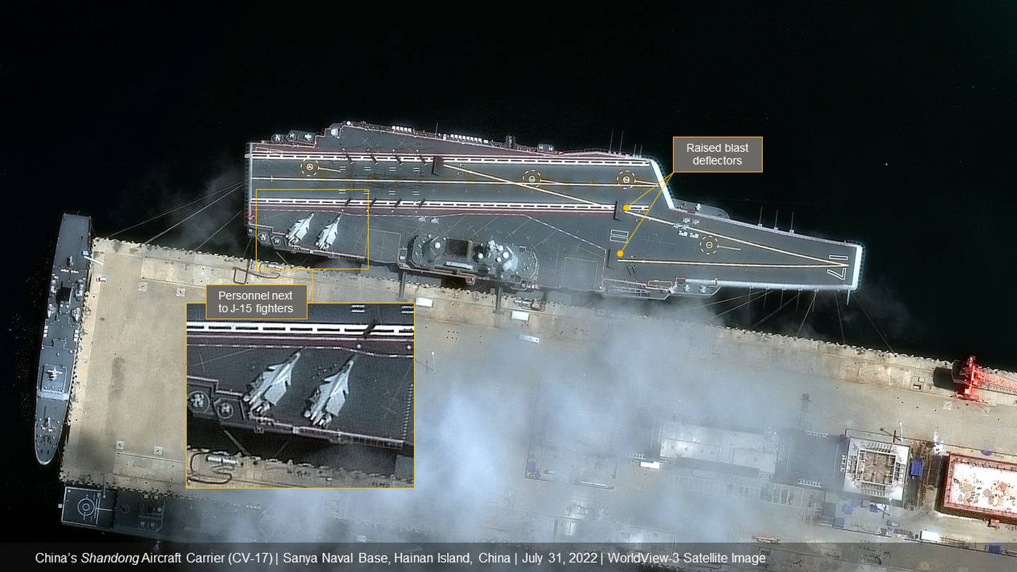 Satellite image shows China’s Shandong aircraft carrier at Sanya Naval Base, Hainan Island, China, on July 31, 2022.