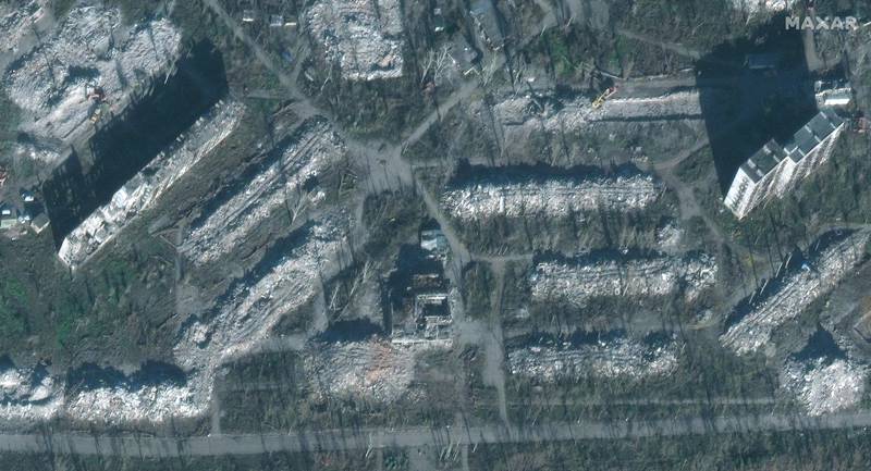 Satellite image shows where damaged high rise apartment buildings have been torn down in Mariupol, Ukraine, Nov. 30, 2022.