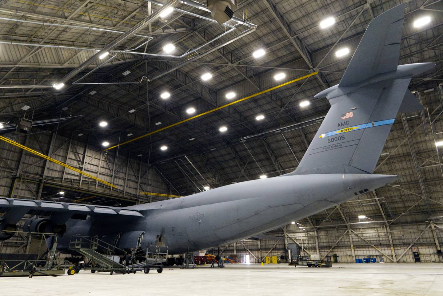 A Lockheed Marting C-5 undergoes inspection, via drone, at a Dover Air Force Base hangar Jan. 23, 2024.