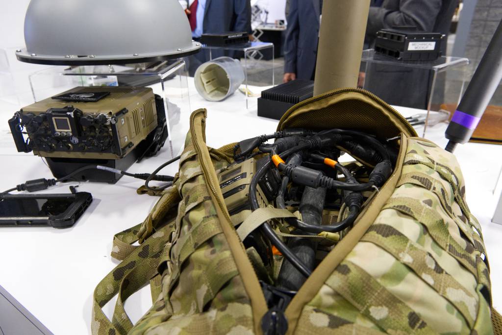 CACI International electronic warfare gear, including the Kraken system, left, are seen at the company's booth Oct. 9, 2023, at the Association of the U.S. Army convention in Washington, D.C.