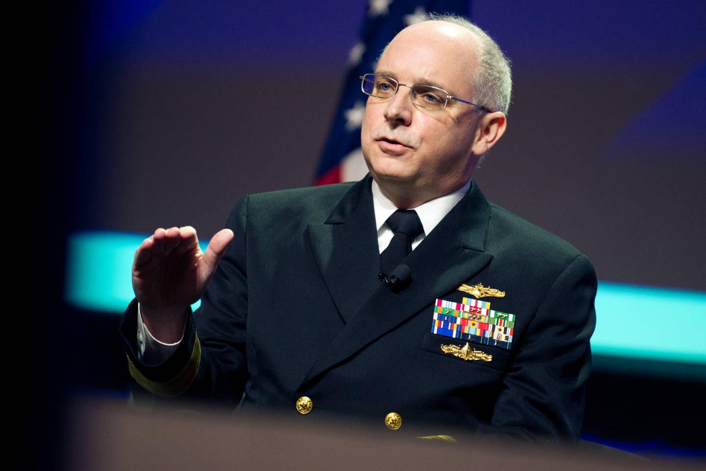 U.S. Navy Rear Adm. Stephen Donald, deputy commander of the 10th Fleet, speaks at a maritime cybersecurity panel at the Sea-Air-Space conference in National Harbor, Maryland, in April 2023.