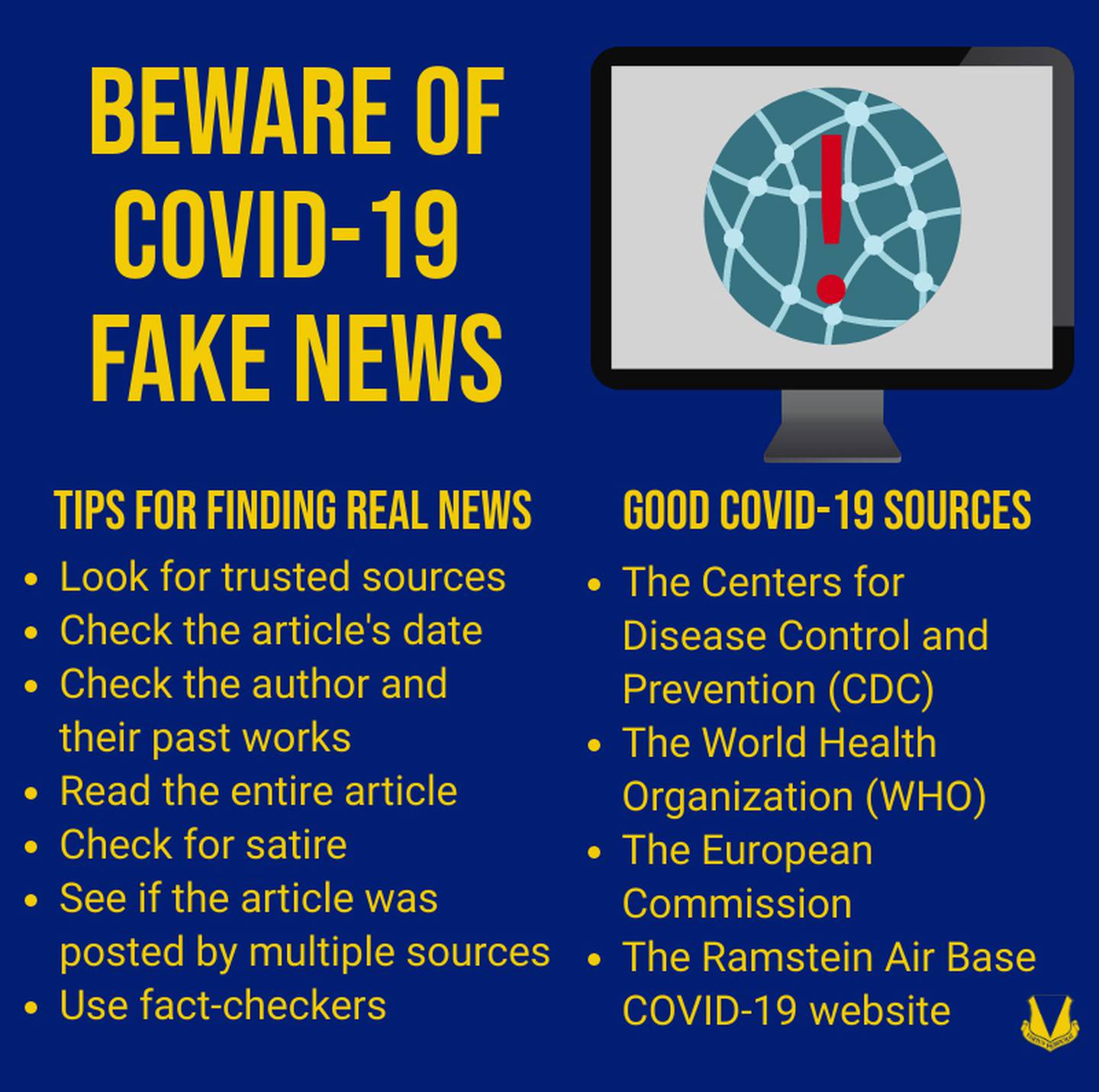 This graphic displays good sources for coronavirus disease 2019 news and tips for finding real news.