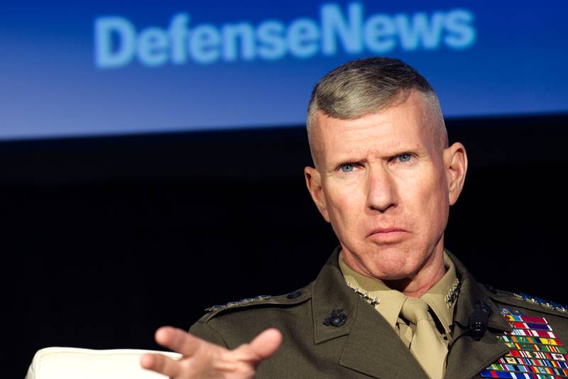 Assistant Commandant of the Marine Corps Gen. Eric Smith looks out from the stage at the Defense News Conference in Pentagon City on Sept. 7, 2022.