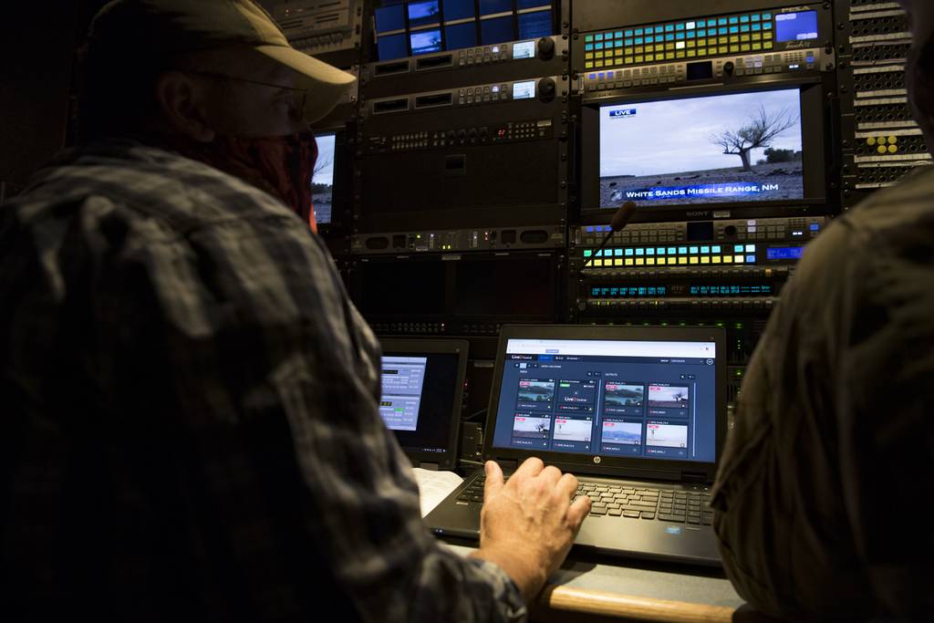 Jason Davis, a cyber technician from the 2nd Audiovisual Squadron, monitors a live feed inside a production truck in support of the Advanced Battle Management System Onramp 2 event in August 2020.