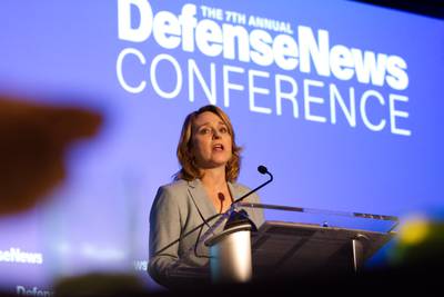 Deputy Defense Secretary Kathleen Hicks begins her keynote speech Sept. 6, 2023, at the Defense News Conference in Pentagon City.