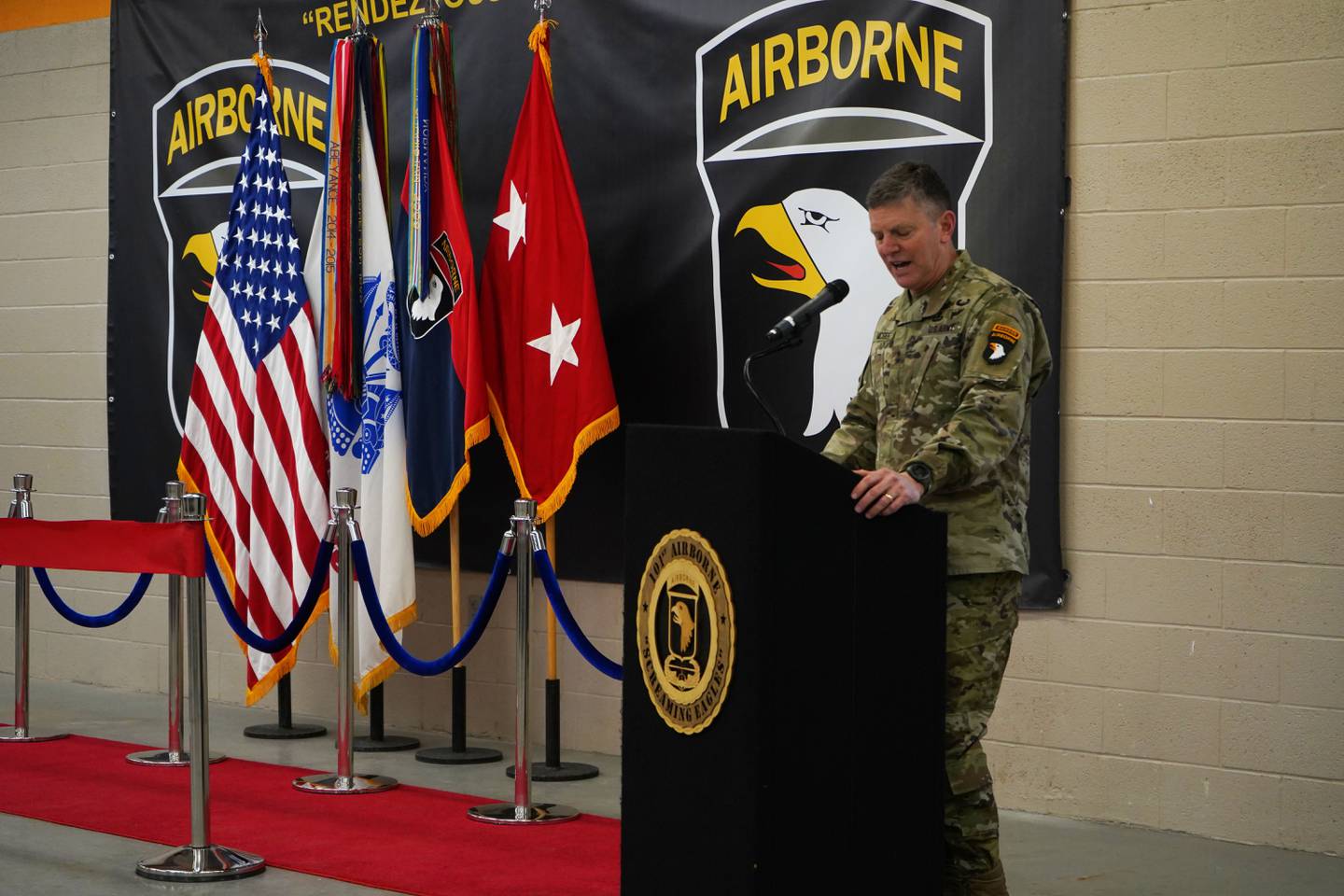 U.S. Army Maj. Gen. JP McGee gives a speech during the grand opening ceremony for the EagleWerx Applied Tactical Innovation Center at Fort Campbell, Kentucky, in December 2021.