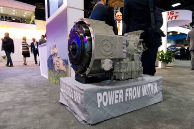 The Leonardo DRS On Board Vehicle Power system, or OBPV, can route electrical power from a vehicle to a weapon system. The company's booth is seen here at the 2023 Association of the U.S. Army conference.