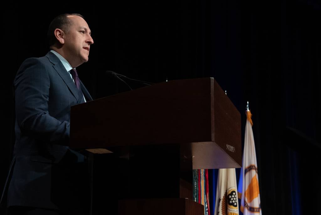 Undersecretary of the Army Gabe Camarillo speaks during an awards ceremony at the Pentagon.