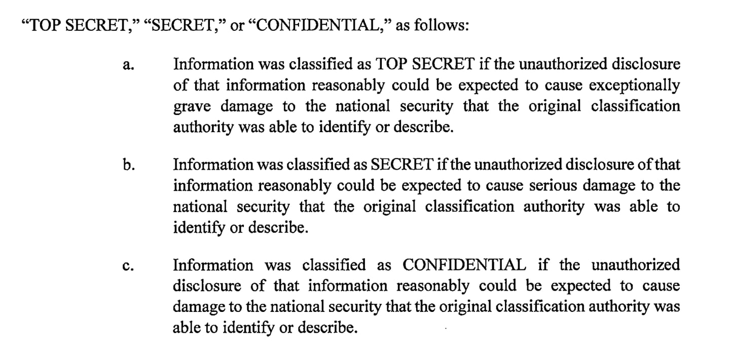 Definitions for top secret, secret and confidential classifications are seen here, part of the 49-page indictment against former President Donald Trump.