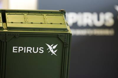 The logo of defense company Epirus, which specializes in directed energy, is seen on the exhibit floor at the 2023 Air, Space and Cyber conference in National Harbor, Maryland.