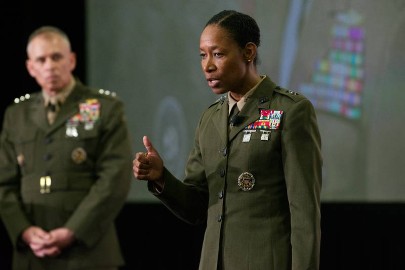U.S. Marine Corps Maj. Gen. Lorna Mahlock, the leader of the Cyber National Mission Force, speaks April 30, 2024, at the Modern Day Marine conference in Washington, D.C.