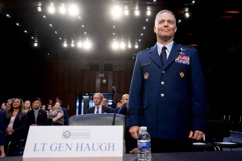 U.S. Air Force Lt. Gen. Timothy Haugh arrives to testify during a Senate intelligence hearing on his nomination to be leader of the National Security Agency and U.S. Cyber Command on July 12, 2023.