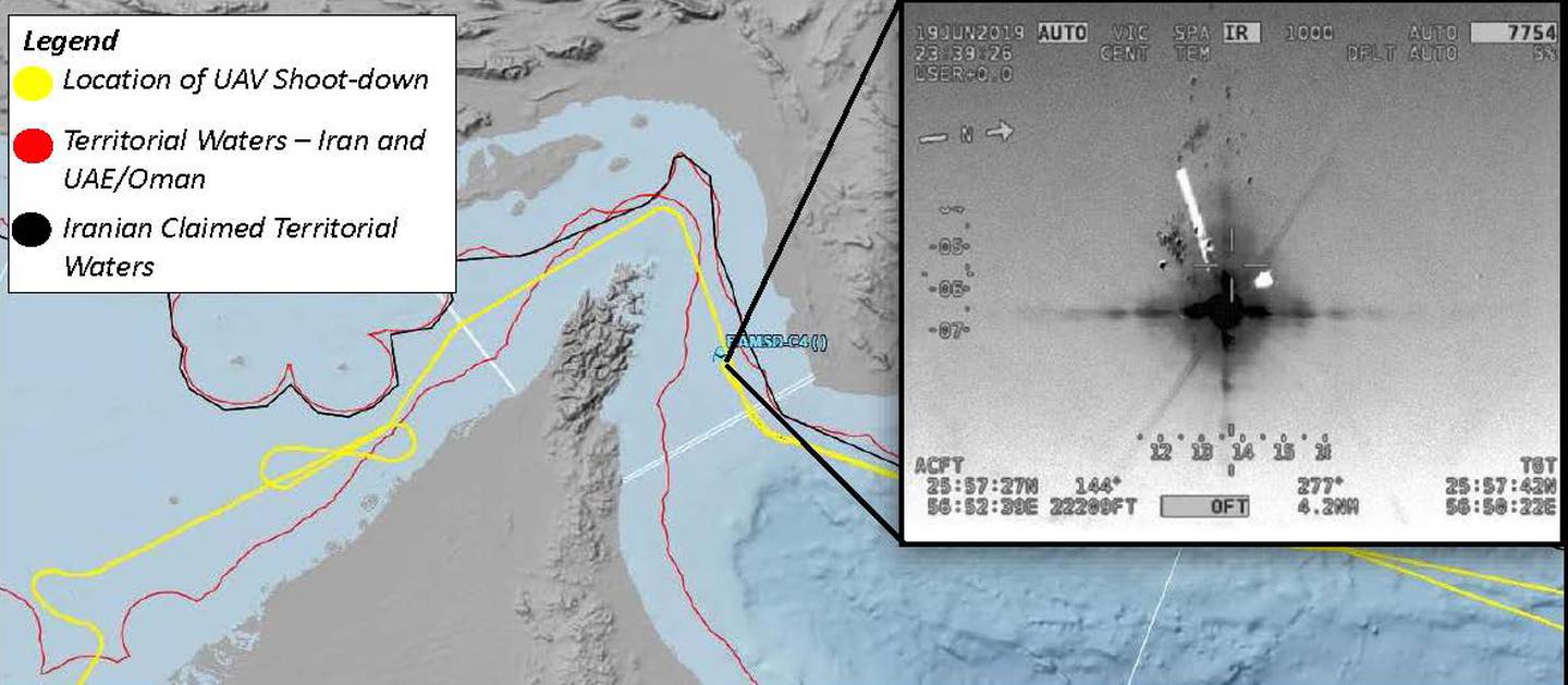 This Pentagon graphic shows the intelligence, surveillance and reconnaissance flight path and grid plot for the RQ-4A shot down in the Strait of Hormuz.